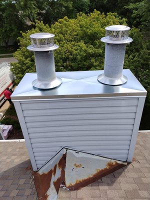 Chimney Chase Covers - The chase cover — or “chase pan,” as some people call it — is the square or rectangular piece of metal that is fitted to sit securely on top of your chimney chase, helping to keep water and other environmental elements out. These parts are exposed to the sun, wind, and all kinds of weather year-round, and it is extremely important that they be checked regularly to make sure they are still doing their job.
Be careful who you hire! You should only allow your chimney to be worked on by a knowledgeable CSIA Certified Chimney Sweep who can provide you with the proper service and suitable parts for your system.
Not all chase covers are created equal! For instance, “cross-breaks” create a dome effect, allowing rain, debris, etc. to flow AWAY from your chase cover rather than collecting on top of it. Unfortunately, not all covers feature this extremely beneficial design, and people usually don’t realize that until it’s too late and the damage has already been done.
Water and other buildup left to accumulate on your chase cover will result in rusting, sagging and warping of the cover, rendering it ineffective and leaving your chimney vulnerable to intrusion of water, animals and other environmental elements. Chimney Chase Covers - The chase cover — or “chase pan,” as some people call it — is the square or rectangular piece of metal that is fitted to sit securely on top of your chimney chase, helping to keep water and other environmental elements out. These parts are exposed to the sun, wind, and all kinds of weather year-round, and it is extremely important that they be checked regularly to make sure they are still doing their job.
Be careful who you hire! You should only allow your chimney to be worked on by a knowledgeable CSIA Certified Chimney Sweep who can provide you with the proper service and suitable parts for your system.
Not all chase covers are created equal! For instance, “cross-breaks” create a dome effect, allowing rain, debris, etc. to flow AWAY from your chase cover rather than collecting on top of it. Unfortunately, not all covers feature this extremely beneficial design, and people usually don’t realize that until it’s too late and the damage has already been done.
Water and other buildup left to accumulate on your chase cover will result in rusting, sagging and warping of the cover, rendering it ineffective and leaving your chimney vulnerable to intrusion of water, animals and other environmental elements.