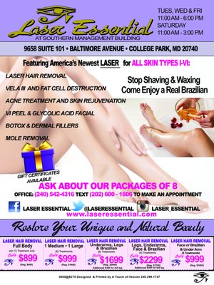 Packages and Services - NEW AND FLEXIBLE:  You can Mix and Match your Hair Reduction Packages to do Whatever Body Part you want to do that includes the sizes of your package!!