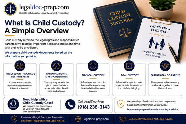 Child Custody Document Preparation - LegalDoc-Prep provides professional document preparation services for child custody matters. We help prepare and organize court forms and supporting documents based on the information provided by the client. Document preparation only — not legal advice or legal representation. Child Custody Document Preparation - LegalDoc-Prep provides professional document preparation services for child custody matters. We help prepare and organize court forms and supporting documents based on the information provided by the client. Document preparation only — not legal advice or legal representation.