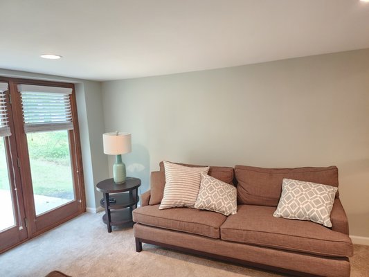 Finished Basement Refresh - This finished basement needed a refresh, so the homeowners opted to have the ceiling, walls, and trim all painted at the same time. We went with this calming spa green color, so the family had a relaxing space to gather and watch movies. Finished Basement Refresh - This finished basement needed a refresh, so the homeowners opted to have the ceiling, walls, and trim all painted at the same time. We went with this calming spa green color, so the family had a relaxing space to gather and watch movies.
