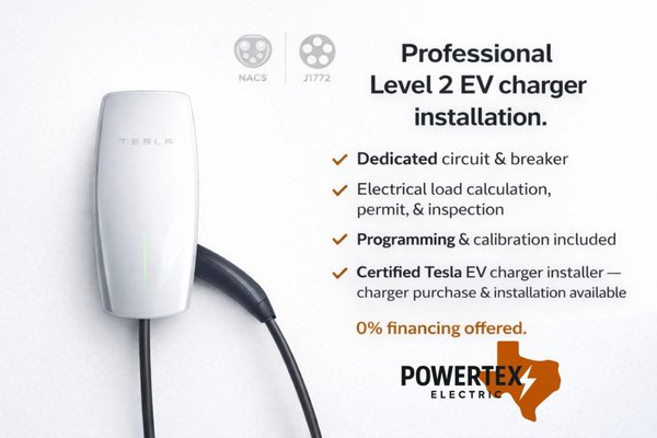 Home EV Charger Installation - Professional Level 2 EV charger installation within 10 feet of your electrical panel. Includes dedicated circuit and breaker, electrical load calculation, permit, and inspection to ensure your panel can safely handle EV charging. Programming and calibration included. Certified Tesla EV charger installer—charger purchase and installation available. 0% financing offered. Home EV Charger Installation - Professional Level 2 EV charger installation within 10 feet of your electrical panel. Includes dedicated circuit and breaker, electrical load calculation, permit, and inspection to ensure your panel can safely handle EV charging. Programming and calibration included. Certified Tesla EV charger installer—charger purchase and installation available. 0% financing offered.