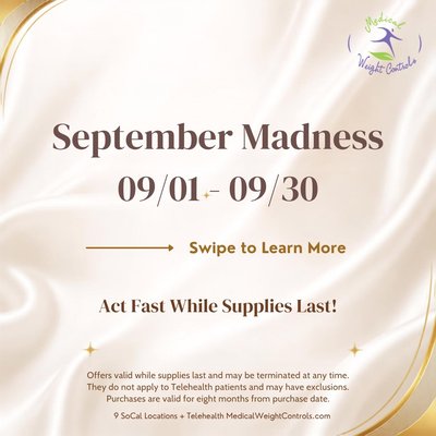 September Madness Sale — Long Beach - Our September Madness Sale runs September 1–30, 2026, bringing limited-time specials to our Long Beach location while supplies last.
Aesthetic offers include Botox and Dysport, dermal fillers for cheeks, lips, and smile lines (excludes Sculptra), and SkinPen microneedling — on its own or paired with PRP.
On the laser side, we're featuring laser hair removal for small, medium, large, and extra-large areas, IPL, laser vein therapy, Titan, and Laser Genesis.
Our 4 Pack medication sale is on too, with special pricing on S-Factor2 and T-Factor packs, available in-clinic.
Serving Long Beach, Lakewood, Signal Hill, and Los Alamitos. Visit our website to learn more and book before the September 30 deadline. September Madness Sale — Long Beach - Our September Madness Sale runs September 1–30, 2026, bringing limited-time specials to our Long Beach location while supplies last.
Aesthetic offers include Botox and Dysport, dermal fillers for cheeks, lips, and smile lines (excludes Sculptra), and SkinPen microneedling — on its own or paired with PRP.
On the laser side, we're featuring laser hair removal for small, medium, large, and extra-large areas, IPL, laser vein therapy, Titan, and Laser Genesis.
Our 4 Pack medication sale is on too, with special pricing on S-Factor2 and T-Factor packs, available in-clinic.
Serving Long Beach, Lakewood, Signal Hill, and Los Alamitos. Visit our website to learn more and book before the September 30 deadline.