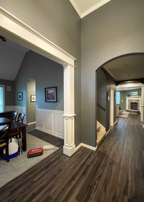 Interior Project - This is one of our favorite projects done by us to date, the customer asked us to use 3 different colors for the walls, they asked us to paint the trim and wainscoting on the walls, and we also stained the stairway handrails. Interior Project - This is one of our favorite projects done by us to date, the customer asked us to use 3 different colors for the walls, they asked us to paint the trim and wainscoting on the walls, and we also stained the stairway handrails.