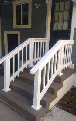 Trex Decking on Staircase & Handrail. - We demo'd old, rusted metal handrail out and installed Trex decking over concrete staircase. Also made perfect cuts with our saw to design a Trex Decking on Staircase & Handrail. - We demo'd old, rusted metal handrail out and installed Trex decking over concrete staircase. Also made perfect cuts with our saw to design a