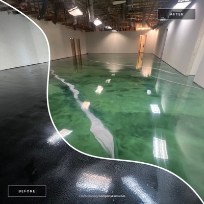 Forest Green Metallic - This is a commercial space that wanted to blow their customers away with a forest green metallic floor with silver veins. We delivered, and they were more than happy with the results. Forest Green Metallic - This is a commercial space that wanted to blow their customers away with a forest green metallic floor with silver veins. We delivered, and they were more than happy with the results.