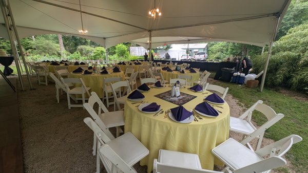 Wedding - We did a wedding and the host wanted us to set up the wedding from table clothes, plates, silverware, napkins and water glasses. They also wanted us to make their vision come to life by having their cocktail hour in a green house. We were flexible with the changes in schedule due to the weather that day. We were able to make sure everything was served and both the guest and the host were beyond happy with the service.