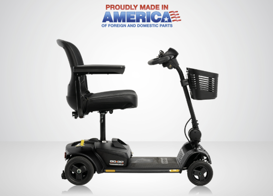 Go Go Elite Traveller® 2 Platinum. SC442EMS - The Platinum Difference
When you see the word Platinum, you know you’re getting the best of the best. After all, it’s rarer and more expensive than gold. That’s the idea behind the Go Go Elite Traveller® 2 Platinum edition. It takes your mobility experience to the next level with premium features that you can only get from Pride® Mobility.

Go Go Elite Traveller® 2 Platinum. SC442EMS

Tight Turning, Easy Charging, and More
Our patented EZ Turn technology gives you 3-wheel scooter turning ability and 4-wheel stability to help you navigate tight spaces with ease. When you need to power up, our Charge360 technology is convenient and simple. It’s a magnetic charging system, so there’s no need to line up any pins, and it requires minimal dexterity to operate.

An advanced tiller mechanism allows you to adjust the angle of your tiller with your hand or foot. And like all Go Go® units, the scooter easily separates into five lightweight pieces thanks to feather-touch disassembly

Go Go Elite Traveller® 2 Platinum Features:
EZ Turn technology for the tight turning of a 3-wheel scooter and the stability of a 4-wheel (turning radius of 37”)
Charge360 allows you to magnetically charge your scooter, requiring minimal dexterity and no need to line up any pins
Angle-adjustable tiller mechanism can be operated with your hand or foot
Feather-touch disassembly allows the unit to be easily separated into 5 lightweight pieces
Front frame-mounted seat post for optimal stability
Removeable footboard basket for additional storage
300-lb. weight capacity
Maximum speed of up to 4.23 mph
Front basket (standard)
Two sets of removable color-through shrouds included (Cardinal Red and Black)
HCPCS Code: K0899 Power Mobility Device, not coded by DME PDAC or does not meet criteria
