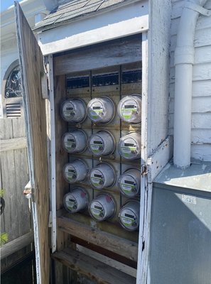 Multi-Family Service Upgrade – Dennis, MA - Completed a full electrical service upgrade for a multi-family property in Dennis, installing new meter banks and main distribution equipment to improve safety, reliability, and capacity for all units. Professionally wired to meet the latest NEC standards.