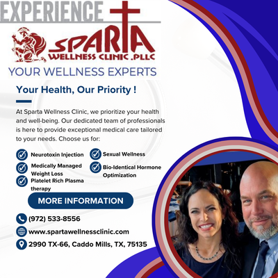 A few of our services - Photo 1: Comprehensive Wellness Services
Explore a wide range of holistic services at Sparta Wellness, including functional wellness, regenerative medicine, bio-identical hormone replacement, and medically managed weight loss. Achieve optimal health and vitality with our personalized approach to wellness.

Photo 2: Advanced Treatment Options
Discover advanced treatment options at Sparta Wellness Clinic. From neurotoxin injections to sexual wellness, medically managed weight loss, bio-identical hormone optimization, and platelet-rich plasma therapy, we offer cutting-edge solutions to enhance your well-being.

Photo 3: Join Coach K's Men's Group
Join Coach K's Men's Group and unlock your full potential at Sparta Wellness Clinic. Experience the power of community as we support each other in becoming stronger mentally, physically, emotionally, and spiritually. Together, we strive for growth and accountability.

Photo 4: Experience the Benefits of Neuromodulator Injectables
Transform your look and enhance your well-being with neuromodulator injectables at Sparta Wellness. Say goodbye to migraines and TMJ discomfort while rejuvenating your skin for a refreshed, youthful appearance. Experience the confidence that comes with feeling your best.