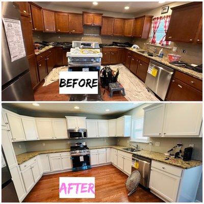 Kitchen Cabinet Refinish - This amazing client decided to freshen up her kitchen by refinishing the kitchen cabinets with an Ultra White high hide Sherwin Williams paint & painting the kitchen tile backsplash worldly gray. Kitchen Cabinet Refinish - This amazing client decided to freshen up her kitchen by refinishing the kitchen cabinets with an Ultra White high hide Sherwin Williams paint & painting the kitchen tile backsplash worldly gray.