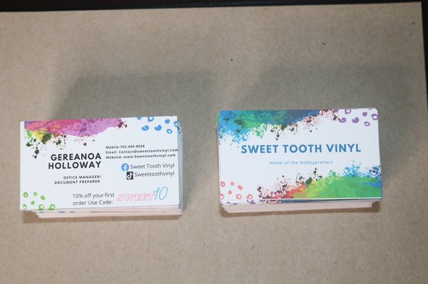 Sweet Tooth Vinyl business cards - 3 x 2.5 Business cards matte finish. Front and back print, full color. Sweet Tooth Vinyl business cards - 3 x 2.5 Business cards matte finish. Front and back print, full color.