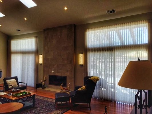 Gold River installation of two Hunter Douglas Luminette's. A great solution for transom windows above as well. - Gold River Installation with Hunter Douglas Luminette's and Hunter Douglas NewStyle Hybrid shutters! Gold River installation of two Hunter Douglas Luminette's. A great solution for transom windows above as well. - Gold River Installation with Hunter Douglas Luminette's and Hunter Douglas NewStyle Hybrid shutters!