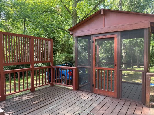 Deck & Sunroom Rebuild After Hurricane - During a hurricane in Monroe, a tree fell onto the deck of our client—an elderly retired couple—destroying their tall privacy railings and sunroom. We completely rebuilt and painted the sunroom, reinstalled the electrical wiring, and constructed new privacy railings. Deck & Sunroom Rebuild After Hurricane - During a hurricane in Monroe, a tree fell onto the deck of our client—an elderly retired couple—destroying their tall privacy railings and sunroom. We completely rebuilt and painted the sunroom, reinstalled the electrical wiring, and constructed new privacy railings.