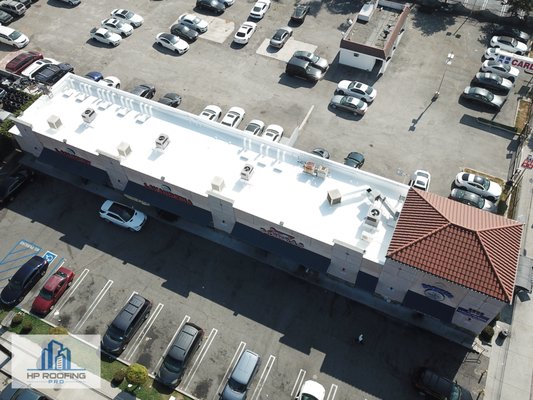 Retail Roofing in El Monte, California - The businesses at this retail complex was a restaurant and a laundry mat. The tenants had been experiencing leak issues that had impacted their business and needed to have the landlord address the roof issues. HP Roofing Pro suggested to install a commercial cool roofing system to address their leaks and install a roofing system that will reduce the heat that will be transmitted into the building. The project took approximately 5 working days and had little no impact on the operations to the building occupants. Retail Roofing in El Monte, California - The businesses at this retail complex was a restaurant and a laundry mat. The tenants had been experiencing leak issues that had impacted their business and needed to have the landlord address the roof issues. HP Roofing Pro suggested to install a commercial cool roofing system to address their leaks and install a roofing system that will reduce the heat that will be transmitted into the building. The project took approximately 5 working days and had little no impact on the operations to the building occupants.