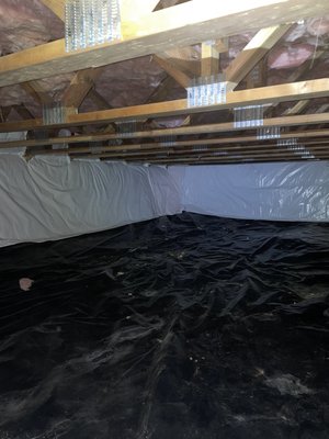 Crawlspace complete treatment - Very precise crawlspace work, laying 10 mm vapor barrier material over the floor, and then following by insulating the walls with R19 rolled fiberglass material faced with Vinyl for additional vapor barrier Crawlspace complete treatment - Very precise crawlspace work, laying 10 mm vapor barrier material over the floor, and then following by insulating the walls with R19 rolled fiberglass material faced with Vinyl for additional vapor barrier