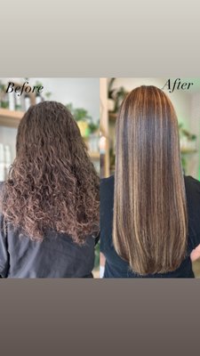 Cryotherapy for Hair - t sounds a little funny right? Cryotherapy for your hair? With results like this, it’s hard to deny that this has BENEFITS! Here’s what to expect at your 1 and 1/2 hour appointment: 
•
We start with a gentle detox shampoo to help rid of any build up from product or harsh water for a nice clean slate
•
Next up is the Hyaluronic Acid Toxx Treatment. It’s not only the Cryo technology that makes your hair soft and shiny, it’s the Hyaluronic! A natural compound in our hair and skin, applied as a treatment to help with anti-aging, plumping, hydrates, softens & heals the hair from the inside, out! 
•
Then comes the 🧊Cryo Iron🧊 Using what we already know about the benefits of cryotherapy for our skin, why not the hair?! This innovative technology uses sub zero freezing temperatures and blue light therapy to make sure the Hyaluronic Treatment i reaching deep within the core of each strand with results that prove it to be true! 
•
Once the Cryo Iron has been applied to each section, 1 more good rinse out is next, a fresh blow style, and the results will last 5-6 weeks of stunning, soft, healthy, rejuvenated hair!