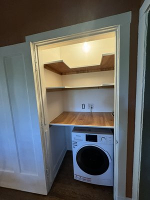 reconstruction of the pantry and installation of a washer-dryer - for the installation of a washing machine in the pantry, water communications and drainage, sewerage were carried out. for this, plasterboard in the kitchen was cut, old shelves in the pantry were dismantled. restoration of the pantry with the connection of the washer-dryer. made to the size of the shelf. putty painting. conducted electricity