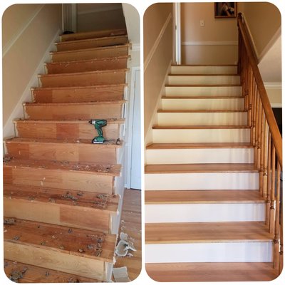 New staircase - Demo of existing staircase. Replaced and refinished stairs with addition of rail