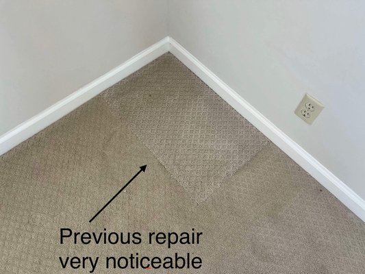 Carpet repair - Bonded insert (patch repair) - This repair was done when our customer bought their home and noticed an eye sore in one of the bedrooms. We were able to match perfectly the existing carpet and patch that we pulled from a closet. This saved them from replacing the carpet.