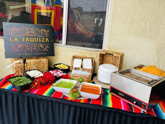 Birthday Party - Mexican-style birthday party. Arrived 1.5 hours early to cook everything fresh. We served for 2 hours for 50 guests.
This was the regular package with 4 meats (chicken, carne asada, al pastor pork, and chorizo/mexican pork sausage) and churros. Birthday Party - Mexican-style birthday party. Arrived 1.5 hours early to cook everything fresh. We served for 2 hours for 50 guests.
This was the regular package with 4 meats (chicken, carne asada, al pastor pork, and chorizo/mexican pork sausage) and churros.