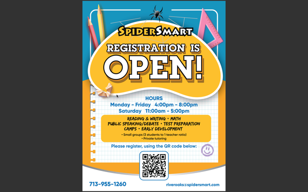 Spring Enrollment - SpiderSmart River Oaks is launching the Spring Semester registration. Please use the QR code to get additional information and enroll. We are happy to help your children to succeed in school and thrive in life. Spring Enrollment - SpiderSmart River Oaks is launching the Spring Semester registration. Please use the QR code to get additional information and enroll. We are happy to help your children to succeed in school and thrive in life.