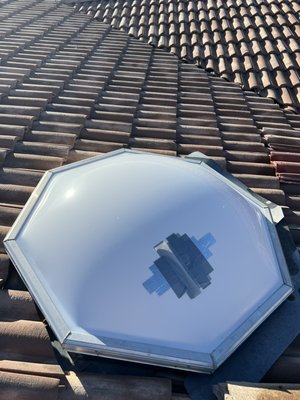 Some one needs some golf lessons after that shot. - Golf ball went through a custom shape skylight. Removal of old skylight. Installation of new skylight. Some one needs some golf lessons after that shot. - Golf ball went through a custom shape skylight. Removal of old skylight. Installation of new skylight.