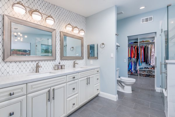 Diana’s Master Bath - Full master bathroom remodel with custom walk-in shower and vanity and Custom closet all of it is done in-house with the plans and permit￼