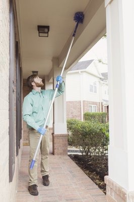 De-webbing, wasps, mud daubers - Each general pest service includes de-webbing the eaves, windows and doorways around the house. This knocks down current spider activity and helps prevent more from popping up in the future. Any wasps, mud dauber nests are also treated and knocked down. De-webbing, wasps, mud daubers - Each general pest service includes de-webbing the eaves, windows and doorways around the house. This knocks down current spider activity and helps prevent more from popping up in the future. Any wasps, mud dauber nests are also treated and knocked down.
