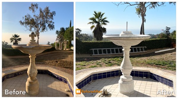 Marble Stone Restoration - This marble fountain had years of hard water calcium build up. A household descaling product was not effective on removing the hard water build up. We restored the fountain by resurfacing the marble fountain and sealed it using a penetrating sealer. This will prevent this from happening again. Marble Stone Restoration - This marble fountain had years of hard water calcium build up. A household descaling product was not effective on removing the hard water build up. We restored the fountain by resurfacing the marble fountain and sealed it using a penetrating sealer. This will prevent this from happening again.