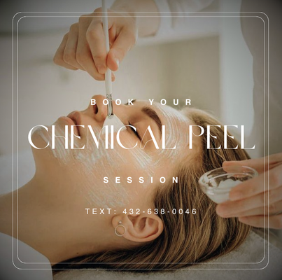 Chemical Peels - Our professional chemical peels rejuvenate your complexion by gently removing outer layers of dead skin. We customize each peel for your skin’s needs: helping with acne, pigmentation, fine lines, or uneven tone for dramatically brighter, smoother skin.

Services Offered: Custom consultations & skin analysis ✨ Light, medium, and targeted peels ✨ Post-peel hydration & soothing mask ✨ Detailed aftercare instructions

Why Choose Us? With deep knowledge and a client-first approach, we select the right peel for maximum effectiveness and minimal downtime, supporting your healthiest skin possible.

🌟 Ready for a fresh start? Book your chemical peel today or text 432-638-0046!
