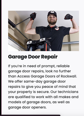Garage Door Repair - If your garage door needs repairs, we can help. Access Garage Doors of Rockwall provides the Rockwall area with outstanding garage door replacement services. Whether you’ve already purchased a replacement garage door or would like to choose one from our inventory of industry-leading Clopay, Liftmaster and Amarr garage doors, we can safely and properly install a new garage door to keep your property secure. We’ll be happy to help you select a garage door that meets your needs without breaking the bank. All of our garage door replacements and installations are backed by a lifetime warranty.