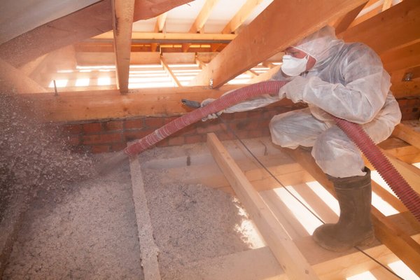 Insulation,  Ventilation, Gas Audits & More! - Blown fiberglass with metal dam around furnace flue for fire safety, and exhaust fan vented with insulated pipe to avoid condensation issues.