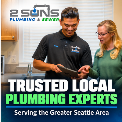 Our Yelp Page - At 2 Sons Plumbing & Sewer, we provide reliable plumbing and sewer solutions for homeowners and businesses throughout the Greater Seattle area. From drain cleaning and leak detection to water heater repair, sewer line services, repiping, hydro jetting, fixture repairs, and emergency plumbing, our licensed professionals are ready to help.
We focus on accurate diagnostics, quality workmanship, and long-lasting solutions to keep your plumbing system working properly. Whether you’re dealing with a clogged drain, leaking pipe, water heater issue, or sewer problem, you can count on 2 Sons Plumbing & Sewer for dependable local service. Our Yelp Page - At 2 Sons Plumbing & Sewer, we provide reliable plumbing and sewer solutions for homeowners and businesses throughout the Greater Seattle area. From drain cleaning and leak detection to water heater repair, sewer line services, repiping, hydro jetting, fixture repairs, and emergency plumbing, our licensed professionals are ready to help.
We focus on accurate diagnostics, quality workmanship, and long-lasting solutions to keep your plumbing system working properly. Whether you’re dealing with a clogged drain, leaking pipe, water heater issue, or sewer problem, you can count on 2 Sons Plumbing & Sewer for dependable local service.
