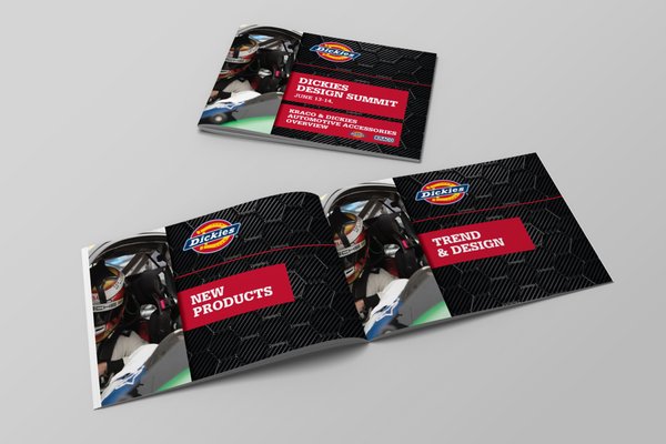 Designed & Printed Dickie® Presentation Deck - Designed & Printed is Dickies® clothing brand which had a creative approach to the presentation deck. Printed was a mix of spot UV, silk laminate and matte to achieve their product image appearance and feel to the touch. Very rare and long process but was achieved.