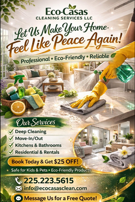 At Eco-Casas Cleaning Services, we don’t just clean — we reset spaces so families and professionals can breathe again. - ✨ Deep Cleaning
✨ Move-In / Move-Out
✨ Kitchens & Bathrooms
✨ Residential Homes
✨ Office Spaces & Rentals At Eco-Casas Cleaning Services, we don’t just clean — we reset spaces so families and professionals can breathe again. - ✨ Deep Cleaning
✨ Move-In / Move-Out
✨ Kitchens & Bathrooms
✨ Residential Homes
✨ Office Spaces & Rentals