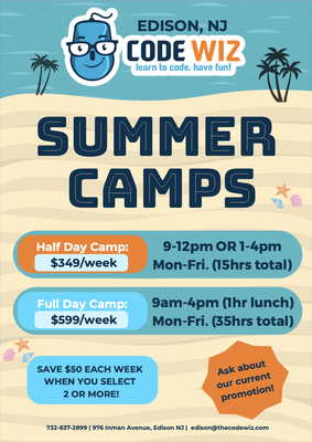 Open Summer Camp Enrollments - Unlock your child’s creativity and confidence this summer at our hands-on STEM camps! Located in Edison, NJ, our half-day and full-day tech camps are designed for kids ages 6–16 and run Monday through Friday. Whether they’re building robots, coding Python, developing Roblox games, or mastering Minecraft, there’s a camp for every interest and skill level.

✅ Engaging Programs: Robotics, Python, Roblox, Minecraft, LEGO Game Development
✅ Small Class Sizes | Collaborative Environment
✅ Half-Day (9–12 or 1–4) & Full-Day (9–4) Options
✅ Multi-Week Discounts Available