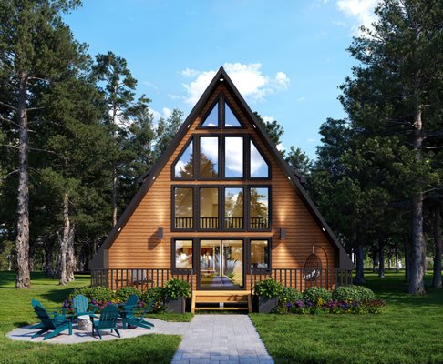 The A-Frame - Paying homage to the classic Pocono A-Frame, this new and improved version has all the charm along with added features that make it perfect for a weekend getaway or full-time residence. The A-Frame’s traditional structure creates an impressive cathedral space over the main living area. While the rear of the house has plenty of space for three bedrooms, two and a half baths, open loft, and a laundry room.