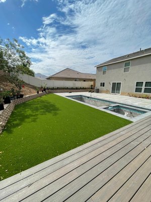 Hardscaping in Riverside CA - Our expert Hardscaping in Riverside, CA transformed this backyard into a modern retreat. Featuring a custom-built pool, premium artificial turf, and a stylish patio cover, this outdoor space is designed for beauty, relaxation, and functionality. Explore the transformation and get inspired!