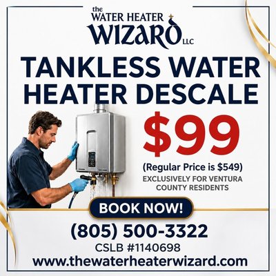 $99 Tankless Water Heater Descale Special - $99 Tankless Water Heater Descale Special – Ventura County, CA

We’ve extended our Spring Special through the end of summer — giving Ventura County homeowners more time to take advantage of this limited offer.

Keep your water heater running efficiently and avoid costly breakdowns with a professional service that goes beyond a basic flush.

This service includes:
• Full tankless water heater descale (removes scale buildup)
• Home water pressure check
• Internal component inspection
• Fan motor blow-out (removes dust & debris)
• Flame rod cleaning (improves ignition performance)
• Burner chamber debris removal
BONUS
• Water quality testing

Scheduled annual servicing helps to maintain  efficiency, performance, and extend the life of your system.

All this for just $99 — a significant savings compared to standard service pricing.

📍 Serving all of Ventura County, CA
📅 Limited-time availability — ends late summer
📞 Schedule your service today before spots fill up