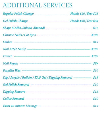 Additional Services - Call Kimi today to book your next appointment. Open 7 days a week! 

(925)332-5526.