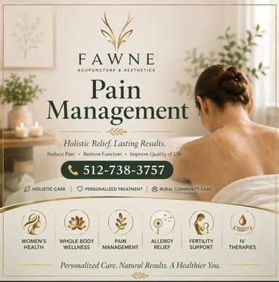 ✨ Safe, Effective Pain & Allergy Relief - Chronic pain or seasonal allergies shouldn’t hold you back. Fawne’s expert acupuncture and natural therapies ease discomfort, target root causes, and restore energy, helping you reclaim comfort and confidence in your daily life.

Call (512) 738-3757 to start feeling your best.