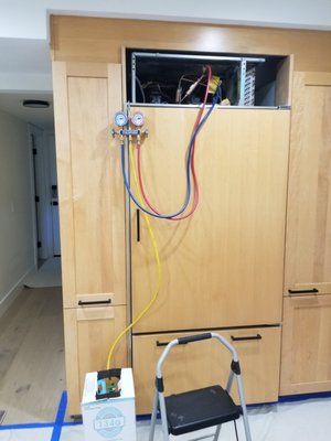 SUB ZERO 650 model, refrigerator evaporator coil replacement. - The customer called Sub-Zero Repairs Calabasas with an urgent request to inspect their Sub-Zero build-in fridge as it has stopped cooling. We dispatched our technician within an hour of the call. During diagnostic test we noticed a frost build-up on the back wall which indicated a potential issue with the sealed system leak. We connected the pressure gauges to the compressor and measured the pressure in the system which confirmed there was no refrigerant present. The quote was provided to the customer to replace evaporator coils with a filter dryer and recharge the sealed system with freon. The customer agreed to proceed. We had all parts on board, so repairs were conducted the same day.
We used the welder to replace the old coils with new ones as well as a filter dryer, the system was recharged with the correct amount of freon as per specifications. We run tests including a 30 min pressure test on the seal system to make sure the unit is functioning as required. The customer was very happy with the job well done.
Our technician followed Covid guidelines by using a mask, gloves, and sanitizer. SUB ZERO 650 model, refrigerator evaporator coil replacement. - The customer called Sub-Zero Repairs Calabasas with an urgent request to inspect their Sub-Zero build-in fridge as it has stopped cooling. We dispatched our technician within an hour of the call. During diagnostic test we noticed a frost build-up on the back wall which indicated a potential issue with the sealed system leak. We connected the pressure gauges to the compressor and measured the pressure in the system which confirmed there was no refrigerant present. The quote was provided to the customer to replace evaporator coils with a filter dryer and recharge the sealed system with freon. The customer agreed to proceed. We had all parts on board, so repairs were conducted the same day.
We used the welder to replace the old coils with new ones as well as a filter dryer, the system was recharged with the correct amount of freon as per specifications. We run tests including a 30 min pressure test on the seal system to make sure the unit is functioning as required. The customer was very happy with the job well done.
Our technician followed Covid guidelines by using a mask, gloves, and sanitizer.
