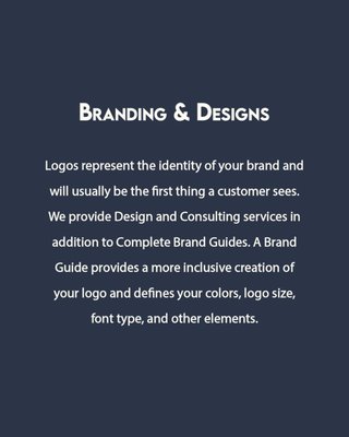 Branding - Logos represent the identity of your brand and will usually be the first thing a customer sees.
We provide Design and Consulting services in addition to Complete Brand Guides. A Brand Guide provides a more inclusive creation of your logo and defines your colors, logo size, font type, and other elements. Branding - Logos represent the identity of your brand and will usually be the first thing a customer sees.
We provide Design and Consulting services in addition to Complete Brand Guides. A Brand Guide provides a more inclusive creation of your logo and defines your colors, logo size, font type, and other elements.