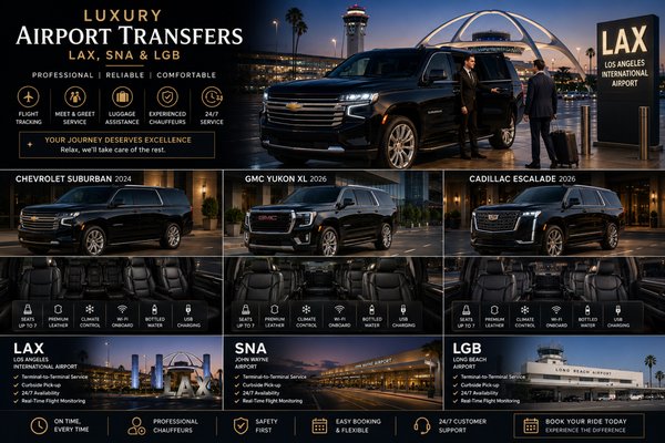 1. Airport Transfers
Title:
Luxury Airport Transfers – LAX, SNA & LGB - Experience the finest airport transportation service in California, connecting Orange County to LAX, as well as event and concert transportation solutions. Our topmost priority is the safety and well-being of our clients, ensuring utmost comfort throughout your journey. Reserve your spot today via text or call and allow us to handle your booking. Thank you for choosing our services.
Contact us today for Pricing & More: 951-399-8268 1. Airport Transfers
Title:
Luxury Airport Transfers – LAX, SNA & LGB - Experience the finest airport transportation service in California, connecting Orange County to LAX, as well as event and concert transportation solutions. Our topmost priority is the safety and well-being of our clients, ensuring utmost comfort throughout your journey. Reserve your spot today via text or call and allow us to handle your booking. Thank you for choosing our services.
Contact us today for Pricing & More: 951-399-8268