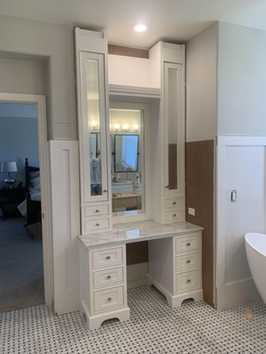 Inset Style Vanity, Valencia - Custom paint grade master bath vanity. Inset cabinet style, beveled glass, marble top. Santa Clarita CA
