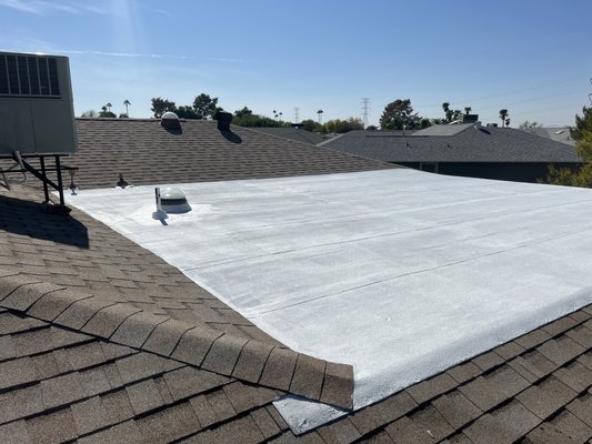 Re-Coating - Customer called from a direct referral of a neighbor that allowed us to reseal his flat roof. Customer was extremely happy and had us do a little Vinyl siding work as well. But we pressure wash this property and used met acrylics extreme weather white sealant. We used 2 finish coats Re-Coating - Customer called from a direct referral of a neighbor that allowed us to reseal his flat roof. Customer was extremely happy and had us do a little Vinyl siding work as well. But we pressure wash this property and used met acrylics extreme weather white sealant. We used 2 finish coats