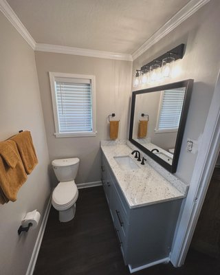 Bathroom Remodel - This remodel was done on an outdated bathroom that was in rough shape. We remodeled this bathroom from flooring to crown moulding. Bathroom Remodel - This remodel was done on an outdated bathroom that was in rough shape. We remodeled this bathroom from flooring to crown moulding.