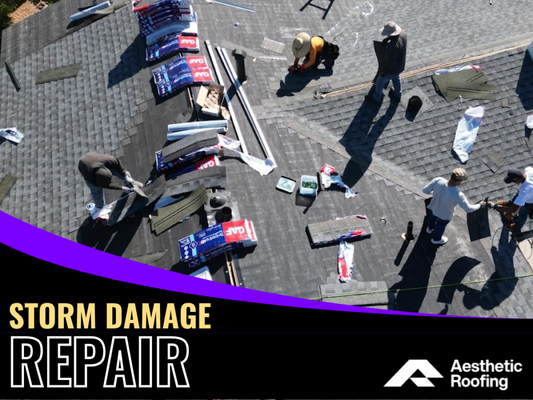 Storm Damage Repair - Severe weather can strike without warning, leaving your roof vulnerable to leaks, structural damage, and costly repairs. High winds, hail, heavy rain, fallen branches, and flying debris can all compromise your roofing system, even when the damage isn't immediately visible. At Aesthetic Roofing, we provide professional storm damage inspections, repairs, and complete roof replacements to help homeowners restore their homes quickly and confidently. Our experienced team responds with thorough evaluations, honest recommendations, and high-quality workmanship designed to protect your home for years to come.

Every storm damage project begins with our complimentary Roof Health Report. Instead of relying on a quick visual assessment, our roofing specialists perform a comprehensive inspection to identify both visible and hidden damage. We carefully examine shingles, flashing, ridge caps, vents, valleys, gutters, underlayment, and other critical roofing components while documenting every finding with detailed photographs. This detailed inspection allows homeowners to fully understand the condition of their roof and make informed decisions about repairs or replacement.

Storm damage isn't always obvious from the ground. Hail can bruise shingles and weaken their protective granules, while strong winds may lift or loosen shingles without completely removing them. Water can enter through damaged flashing, roof penetrations, or compromised underlayment long before interior leaks become noticeable. Left untreated, even minor storm damage can lead to mold growth, wood rot, insulation damage, and expensive structural repairs. Early inspection and prompt repairs help minimize damage while extending the life of your roof.

At Aesthetic Roofing, we repair and replace all major residential roofing systems, including asphalt shingles, metal roofing, and flat roofing systems. Whether your roof has suffered isolated damage or requires a complete replacement after a severe storm, our certified professionals provide solutions tailored to your home's specific needs. Every repair and replacement is completed using premium materials and manufacturer-approved installation methods to ensure long-lasting performance and protection.

Northern Utah homeowners face some of the most challenging weather conditions in the region. Hailstorms, heavy snowfall, high winds, ice dams, freeze-thaw cycles, and intense summer heat all contribute to roofing damage over time. Our local experience allows us to recognize storm-related issues quickly and recommend repair strategies specifically designed to withstand Utah's changing climate. We understand how local weather impacts roofing systems and build every repair to perform through every season.
After the inspection, we explain our findings in clear, straightforward language. If your roof only requires repairs, we'll recommend the most cost-effective solution. If the damage is extensive and replacement offers better long-term value, we'll explain why and provide multiple options based on your budget and roofing goals. Our recommendations are based solely on your roof's condition—not sales quotas or unnecessary upselling.

When it's time to complete the work, our crews arrive on schedule, protect your landscaping and property throughout the project, and maintain a clean, organized job site. Whether we're replacing damaged shingles, repairing flashing, installing new underlayment, or performing a complete roof replacement, every project is completed with exceptional attention to detail and craftsmanship. Before leaving, we perform a final quality inspection to ensure every aspect of your roofing system meets our high standards.