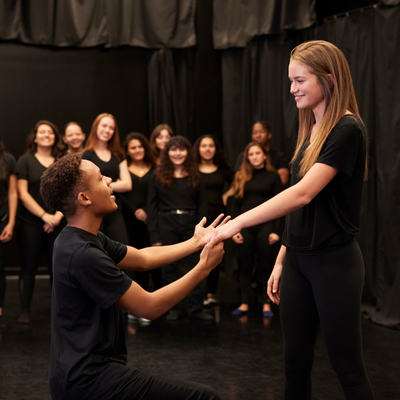 Acting Classes - We offer fun and engaging acting classes for Ages 5-18!
Our program begins with improv foundations, featuring team-building exercises, improvisation games, and script analysis. Students then dive deeper into scene work and character study, ensuring every session is both educational and fun.
Young actors often struggle to connect with their characters' emotions and overcome self-consciousness. Our classes and workshops are designed to help kids become confident actors, whether they're just starting out or honing their craft.
The Fall/Winter session concludes with an open class performance for Studio K & Elementary Acting Classes, and a thrilling Theater Sports Improv Night Performance for Junior & Senior Acting.
The Winter/Spring session will culminate in a fully-staged play production. Acting Classes - We offer fun and engaging acting classes for Ages 5-18!
Our program begins with improv foundations, featuring team-building exercises, improvisation games, and script analysis. Students then dive deeper into scene work and character study, ensuring every session is both educational and fun.
Young actors often struggle to connect with their characters' emotions and overcome self-consciousness. Our classes and workshops are designed to help kids become confident actors, whether they're just starting out or honing their craft.
The Fall/Winter session concludes with an open class performance for Studio K & Elementary Acting Classes, and a thrilling Theater Sports Improv Night Performance for Junior & Senior Acting.
The Winter/Spring session will culminate in a fully-staged play production.