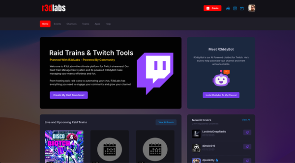 Twitch Event Platform - We built R3dLabs.com to provide a platform for Twitch streamers to plan and organize stream events. The platform was built completely in-house and runs containerized in Kubernetes. As part of this platform we integrate with OpenAI to provide AI Chatobt services. While still a growing site, r3dlabs.com currently boasts about 2,100 users with 1k active per day.
We would love to build a platform like this for you! Twitch Event Platform - We built R3dLabs.com to provide a platform for Twitch streamers to plan and organize stream events. The platform was built completely in-house and runs containerized in Kubernetes. As part of this platform we integrate with OpenAI to provide AI Chatobt services. While still a growing site, r3dlabs.com currently boasts about 2,100 users with 1k active per day.
We would love to build a platform like this for you!